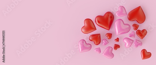 Red and pink hearts on a red background. Valentine's day card. 3d render
