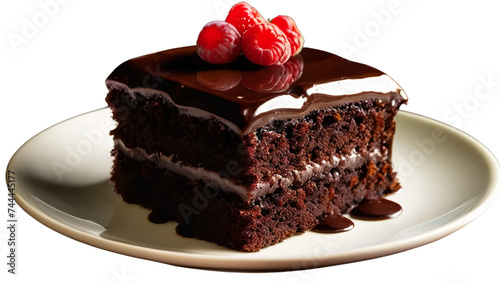 chocolate cake with raspberries on a plate on white background