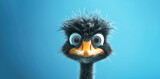 Cute 3D cartoon Emu character. friendly look on a bright blue background, atmosphere of fun. for use as in books, animated films, advertising for products or web design. positive for the project.
