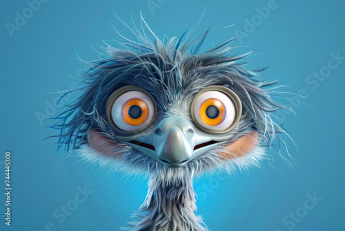 Cute 3D cartoon Emu character. friendly look on a bright blue background  atmosphere of fun. for use as in books  animated films  advertising for products or web design. positive for the project.