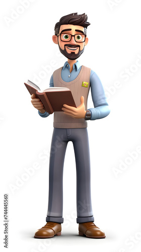 3d cartoon character of men teacher with book