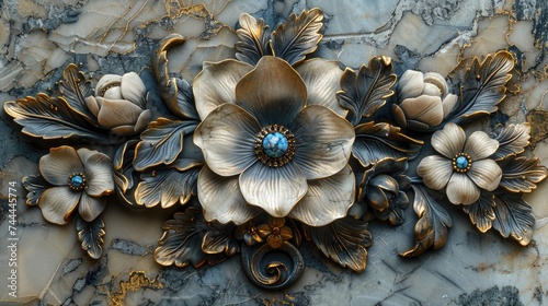 Elegant Floral Metalwork Art on Textured Marble Background