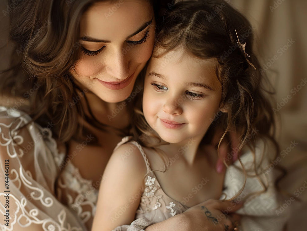 Mother gently holds her young daughter, capturing a moment of love, care, and familial warmth Mother gently holds her young daughter, capturing a moment of love, care, and familial warmth