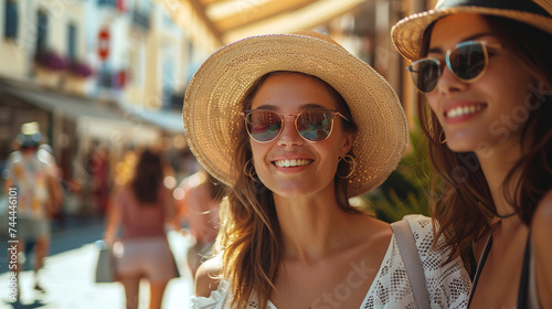Two joyful women in summer hats and sunglasses smiling as they explore a vibrant street market © Cherrita07