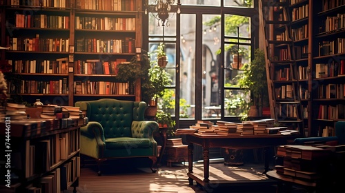 A vintage bookstore with shelves of books and a blurred reading area, invoking a nostalgic ambiance.