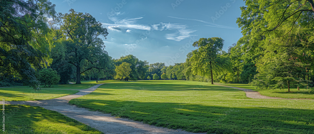 A panoramic view of a serene park with lush green grass, sprawling trees, and a clear blue sky with whimsical clouds.