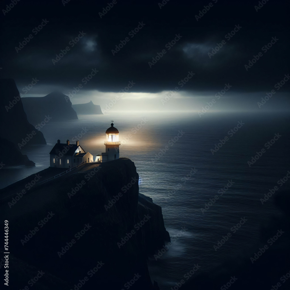 In the silence of the night, a solitary dark lighthouse emerges from the ocean depths, casting an ominous glow, creating a scene filled with horror vibes. Generative AI