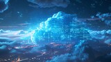 Blue hued cloud symbolizing vast digital storage over a circuit city