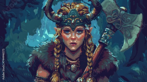 Freya Viking Goddess captured in Pixel Art depicts Mythology, Norse Fantasy and Female Warrior Essence