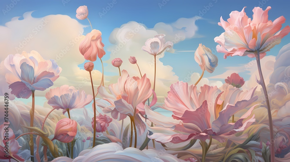 A whimsical 3D depiction of oversized, fantasy-inspired flowers growing against a backdrop of swirling pastel-colored clouds.