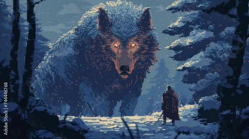 Pixel art depiction of mythical Fenrir wolf god alongside a Viking warrior in a Norse forest during winter photo