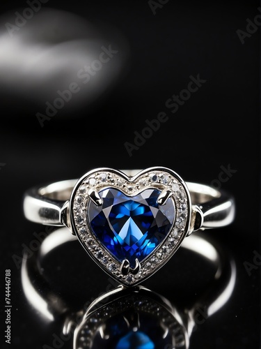 Shiny heart shaped sapphire gemstome on a silver ring on plain black background from Generative AI