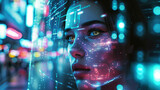 A mesmerizing holographic display of an AI-generated young woman's face, illuminated by neon lights in a cyberpunk cityscape