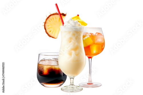 Set and collection of classic alcohol cocktails or mocktail isolated on white background with fresh summer fruits