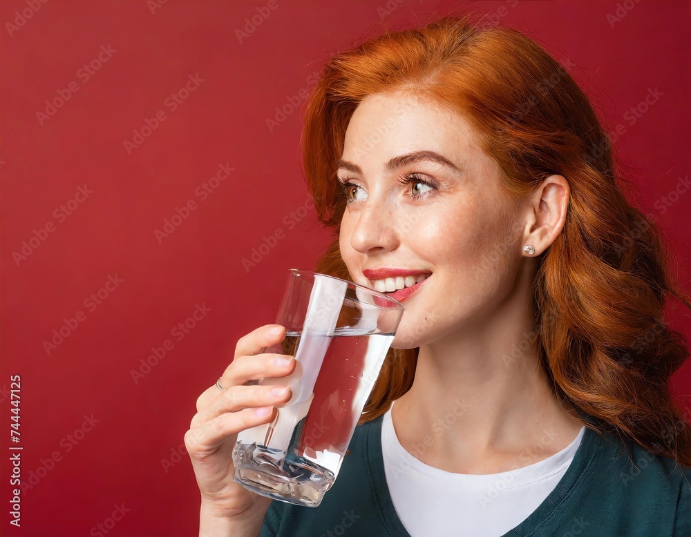 Beautiful young woman drinking fresh water from glass on red background - essential habit for good health and hydration Beautiful young woman drinking fresh water from glass on red background - essential habit for good health and hydration