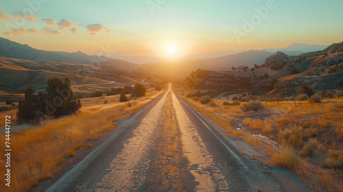 A scenic route with a sun setting over a mountainous horizon casting warm hues over a cracked asphalt road surrounded by dry grassland and rolling hills, showcasing a serene, rustic landscape. © ChubbyCat