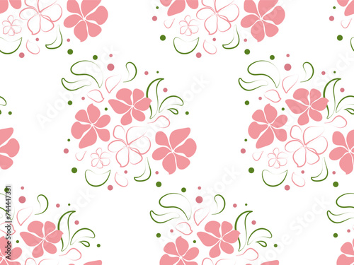 Vector seamless pattern of spring pink flowers with spots and lines. Vector endless pattern in flat style for design of banners, cards, wedding, holiday, birthday, teacher's day, March 8, paper