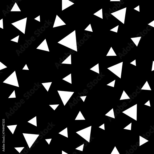 Repeating pattern with triangles on a black background. Chaotic triangles seamless pattern. Endless printable pattern