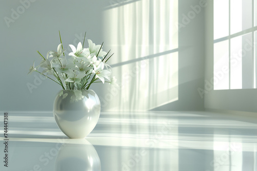 A modern interior setting featuring a stylish vase containing beautiful white flowers, rendered in HD resolution with precise transparency and shadow effects.