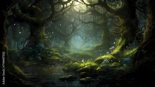 An ancient forest bathed in the soft light of two moons, where luminescent flora creates an enchanting atmosphere.