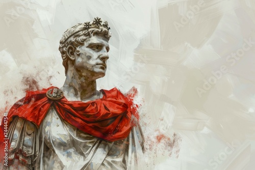 Augustus portrayed as a minimalist Roman Emperor with a red cape in a historical bust sculpture