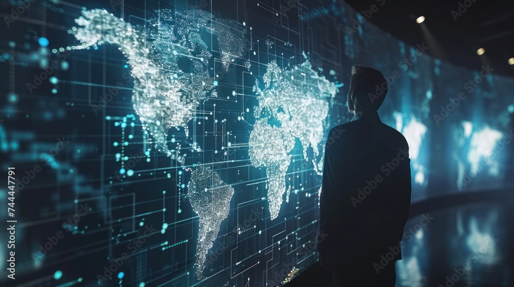 A businessman engaging with global network and data exchanges worldwide A businessman engaging with global network and data exchanges worldwide