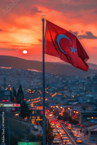 A Turkish national flag is displayed on a pole outdoors