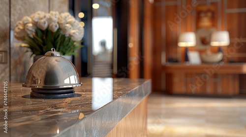 Contemporary luxury hotel front desk with a bell