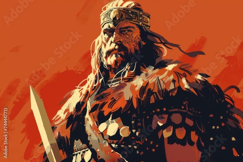 Attila the Hun, a Barbarian King illustrated in a Minimalist Stylized artwork with Sword and Armor photo