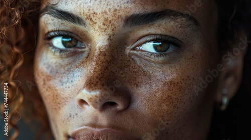 Close-Up Portrait of Woman with Unique Freckles and Curly Hair