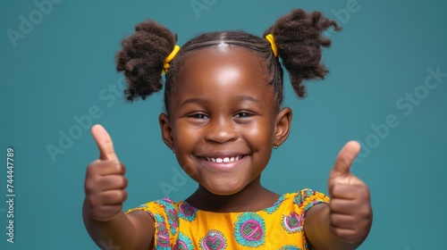 A photo showing a joyful young girl giving a thumbs-up gesture with a bright ...