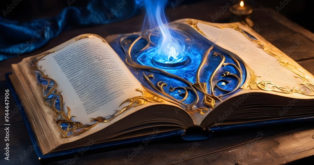 A magical book rests on a dark shelf, a vibrant blue essence spiraling upwards, creating a contrast with the ambient candle flames. Its ancient bindings suggest a trove of knowledge from bygone eras. - obrazy, fototapety, plakaty 