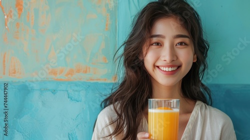 A lovely Asian woman dressed for summer, smiling and holding a glass of orang...