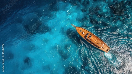 A classic wooden boat sailing in the tranquil waters of the Coral Sea, captured from above by a drone © olegganko