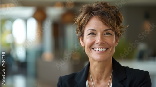 A charming CEO's smile fills the portrait, off-center composition providing a...
