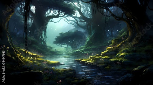An ancient forest bathed in the soft light of two moons, where luminescent flora creates an enchanting atmosphere.
