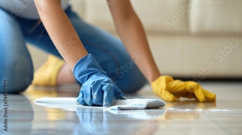 A lovely young woman is cleaning the house, diligently dusting away