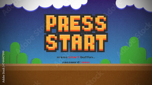 PRESS START INSERT A COIN TO CONTINUE .pixel art .8 bit game.retro game. for game assets in vector illustrations.Retro Futurism Sci-Fi Background. glowing neon grid.and stars from vintage arcade comp