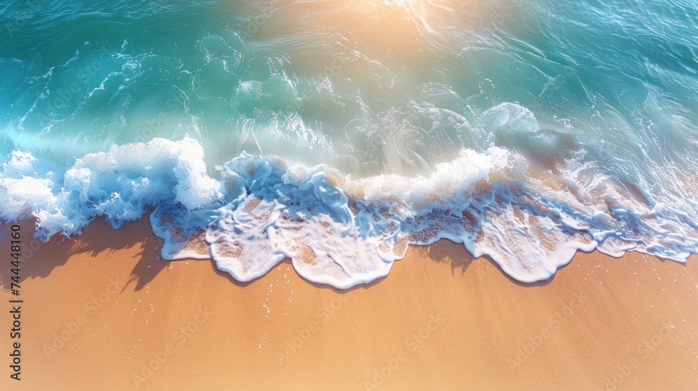 Aerial view of a serene sandy beach with light blue transparent waves and sunlight