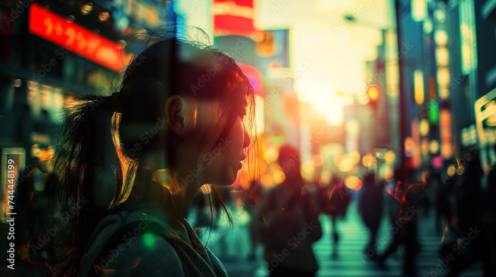 A silhouetted profile of a woman against the backdrop of a vibrant sunset-lit city street filled with people.
