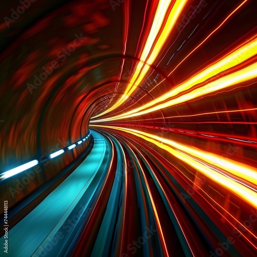 Streaks of fiery red and cool blue light racing down a tunnel of speed