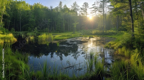 A panoramic view captures the bright sun shining through green trees and tall grass, reflecting in a water pond