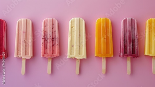 Fruity popsicle ice cream on a pastel background  presented in a flat lay design