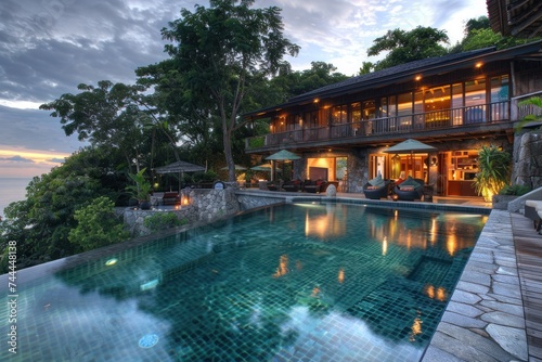 Tropical luxury villa on blue cloud background