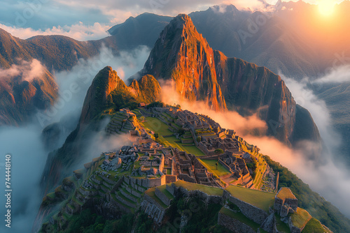 Machu Picchu Inca ancient civilization ruins in Peru, aerial view scenic picturesque photo