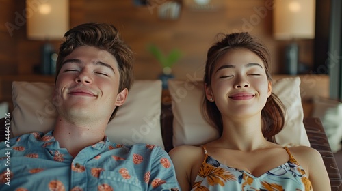 A young man and woman are relaxing on massage beds at an upscale Asian spa an...