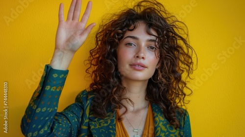 Portrait photo of a girl with curly hair waving, set against a vibrant yellow...