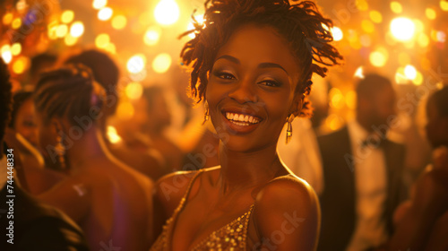 An elegant African woman gracefully dancing at a gala event