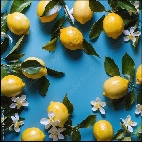 A flat lay showcasing a vibrant blue background adorned with a fresh lemon pa...