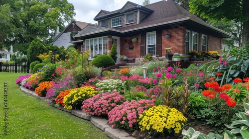 A well-kept house and garden boast vibrant annual and perennial blooms  a colorful and picturesque display